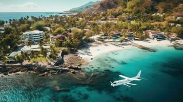 ai generiert ein Antenne Aussicht von ein Strand Resort Stadt, Dorf mit ein klein Flugzeug fliegend Über das Küste foto