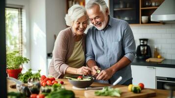 ai generiert berühren Lager Foto von ein Alten Paar Kochen Frühstück zusammen im ihr klein aber gemütlich Küche