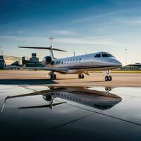 ai generiert ein Privat Jet auf das Asphalt, mit das Flughafen Terminal und Steuerung Turm im das Hintergrund. foto