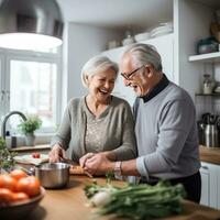 ai generiert berühren Lager Foto von ein Alten Paar Kochen Frühstück zusammen im ihr klein aber gemütlich Küche