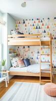 ai generiert ein spielerisch Kinder- Zimmer mit ein bunt Hintergrund Akzent Wand, ein hölzern Koje Bett mit ein Leiter foto
