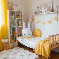 ai generiert ein geschlechtsneutral Kinder- Zimmer mit ein Weiß und Gelb Farbe planen foto
