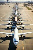 ai generiert Gruppe von Flugzeuge geparkt auf das Asphalt, angesehen von ein hoch Winkel foto