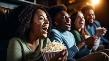 ai generiert ein Gruppe von freunde versammelt auf ein Schnitt Sofa, Aufpassen ein Film und Essen Popcorn foto