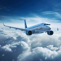 ai generiert kommerziell Flugzeug fliegend durch das Wolken foto