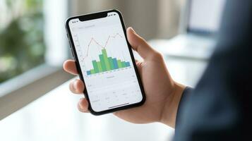 ai generiert Person Hand halten ein Smartphone mit Graph Diagramm auf das Bildschirm, Anzeige Geschäft Wachstum foto