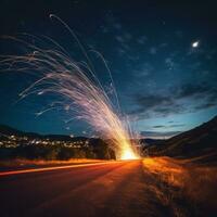 ai generiert ein künstlerisch Foto von Feuerwerk mit ein lange Belichtung, Erstellen ein schön Weg von Beleuchtung im das Himmel.