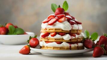 ai generiert ein Stapel von Waffeln mit ausgepeitscht Sahne und geschnitten Erdbeeren auf oben foto