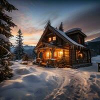 ai generiert ein rustikal Kabine mit ein Rauchen Kamin sitzt im ein schneebedeckt Landschaft, foto