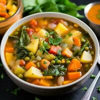 ai generiert ein herzhaft und gesund Gemüse Suppe mit Brocken von bunt Gemüse und Zweig von frisch Kräuter auf oben foto