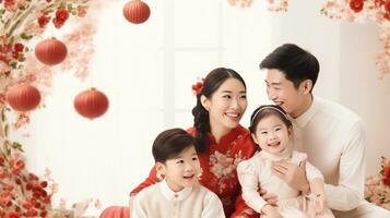 ai generiert Chinesisch Neu Jahr Karte umgeben durch ein freudig Familie, symbolisieren Einheit, Liebe, und der Wohlstand foto