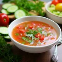 ai generiert Licht und erfrischend Gazpacho Suppe mit hell rot Tomaten, knackig Gurken, und von Olive Öl foto