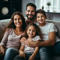 ai generiert ein glücklich Familie von vier Sitzung auf ein komfortabel Couch, mit groß lächelt auf ihr Gesichter foto