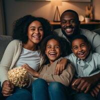 ai generiert ein glücklich Familie von vier Sitzung auf ein komfortabel Couch, mit groß lächelt auf ihr Gesichter foto