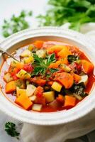 ai generiert ein herzhaft und gesund Gemüse Suppe mit Brocken von bunt Gemüse und Zweig von frisch Kräuter auf oben foto