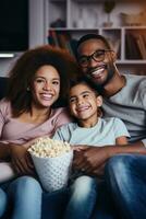 ai generiert ein Mutter, Vater, und ihr zwei Kinder gekuschelt oben auf ein flauschige Decke foto