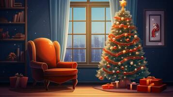 ai generiert ein gemütlich Leben Zimmer mit ein dekoriert Weihnachten Baum und ein komfortabel Sessel foto