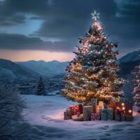 ai generiert ein schön Weihnachten Baum mit bunt Beleuchtung und Ornamente foto
