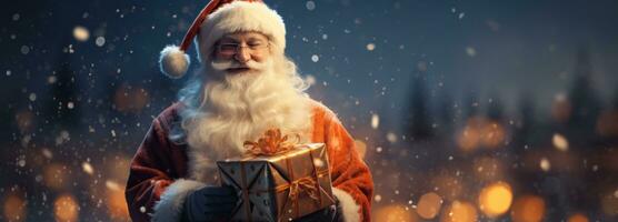 ai generiert Santa halten das Geschenk Box gegen das Blau Hintergrund foto