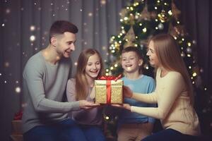 ai generiert glücklich Familie mit fröhlich Weihnachten Magie Geschenk in der Nähe von Baum beim Abend beim Zuhause foto