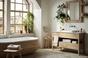 ai generiert skandinavisch inspiriert Badezimmer, warm Einfachheit und natürlich Elemente, neutral Farbe planen mit warm Holz Töne foto