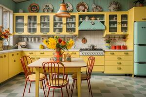 ai generiert Küche Mitte des Jahrhunderts modern Design, charakterisiert durch sauber Linien und ikonisch Formen, hell Farbe von 60er Jahre und 70er Jahre foto
