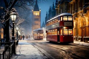 ai generiert Winter Stadtbild mit Schnee bedeckt Straße von London mit festlich Beleuchtung und Dekorationen, rot Bus, ein Licht Schneefall, und urlaubsthema Straße Dekor foto