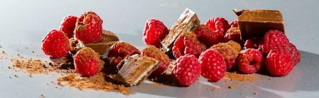 Himbeeren mit Schokolade auf grau foto