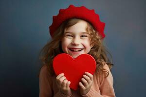 ai generiert Porträt von ein süß wenig Mädchen mit rot Herz auf Valentinsgrüße Tag Konzept. foto