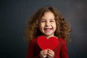 ai generiert Porträt von ein süß wenig Mädchen mit rot Herz auf Valentinsgrüße Tag Konzept. foto