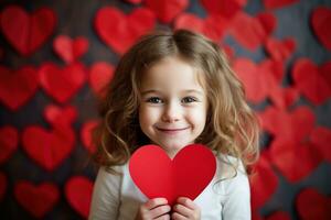 ai generiert Porträt von ein süß wenig Mädchen mit rot Herz auf Valentinsgrüße Tag Konzept. foto