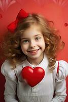 ai generiert Porträt von ein süß wenig Mädchen mit rot Herz auf Valentinsgrüße Tag Konzept. foto