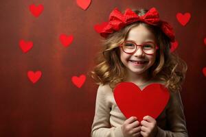 ai generiert Porträt von ein süß wenig Mädchen mit rot Herz auf Valentinsgrüße Tag Konzept. foto