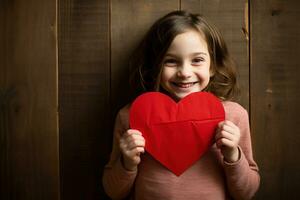 ai generiert Porträt von ein süß wenig Mädchen mit rot Herz auf Valentinsgrüße Tag Konzept. foto