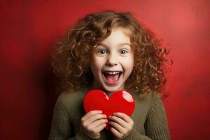 ai generiert Porträt von ein süß wenig Mädchen mit rot Herz auf Valentinsgrüße Tag Konzept. foto