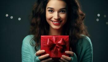 ai generiert Frau halten ein Weihnachten Geschenk Stehen im ein grau Hintergrund, foto