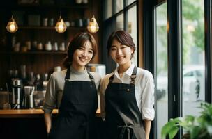 ai generiert zwei Frauen Stehen im Vorderseite von ein Cafe foto