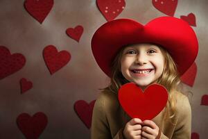 ai generiert Porträt von ein süß wenig Mädchen mit rot Herz auf Valentinsgrüße Tag Konzept. foto