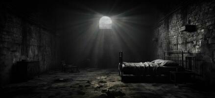 ai generiert das Zimmer im das Gefängnis ist dunkel und das Licht ist auf foto