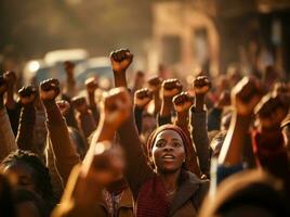 ai generiert das Demonstranten erziehen ihr Fäuste während ihr Demonstration foto