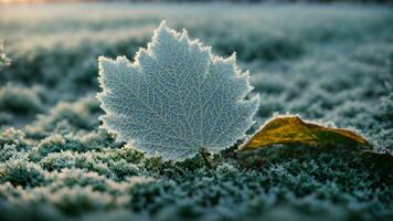 ai generiert beschreiben das kompliziert Muster von Frost auf ein einsam Blatt im das früh Morgen Licht. foto