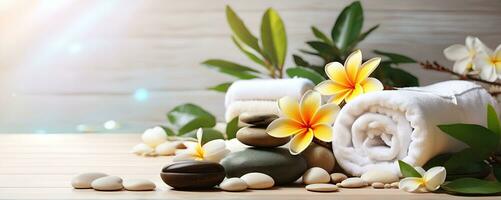 ai generiert Spa Behandlung Aroma Therapie mit Kerzen, Steine und Blumen zum entspannen Wohlbefinden. foto