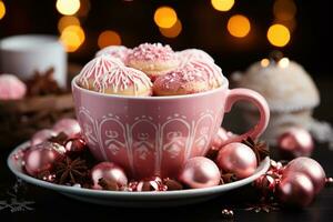 ai generiert Ornamente schwebend im festlich heiß Schokolade Ambiente, fröhlich Weihnachten Bilder foto