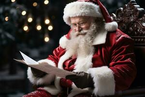 ai generiert Mann Santa claus spiegelt auf Kinder Briefe im das friedlich Ambiente von ein Winter Park, Weihnachten Bilder foto