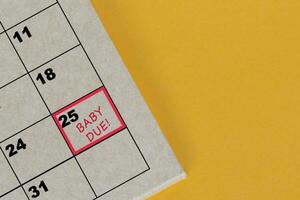 rot Kennzeichen auf das Kalender beim 25 zum Erinnerung von Baby fällig Datum. foto