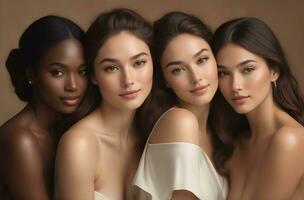 ai generiert schön jung multiethnisch Frauen mit natürlich bilden. Werbung zum weiblich Mode Modelle, Gesicht und Körper Haut Pflege. foto