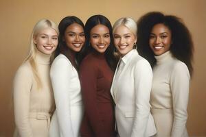 ai generiert schön jung multiethnisch Frauen mit natürlich bilden. Werbung zum weiblich Mode Modelle, Gesicht und Körper Haut Pflege. foto