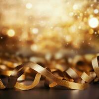 ai generiert golden verschwommen Hintergrund mit ein Bokeh Wirkung, Konfetti, und golden Bänder. ein abstrakt luxuriös festlich Hintergrund. generativ ai. foto