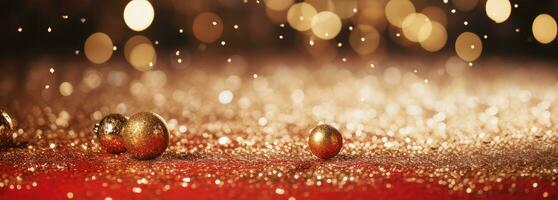 ai generiert golden Weihnachten Baum Spielzeug Bälle mit festlich Konfetti auf ein rot Bokeh Hintergrund. foto