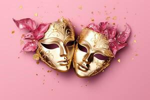 ai generiert golden Karneval Maske auf ein Rosa Hintergrund ai generativ foto